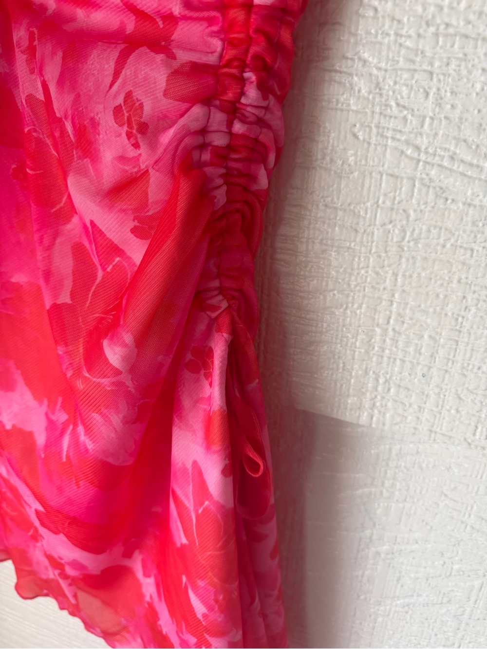 Pink Floral Strapless Mesh Ruched Mini Dress Small Adjustable Side Drawstring - Picture 8 of 9